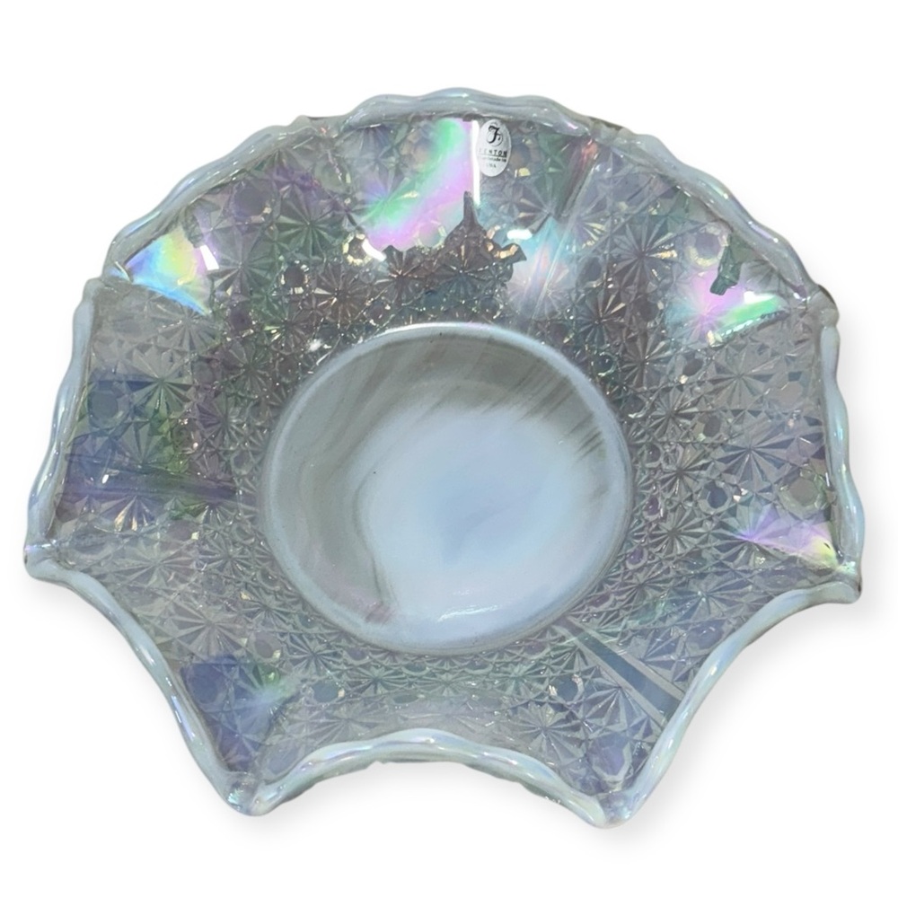 Fenton Daisy & Button French Crimped Round Bowl‎ 10.5" Iridescent Opalescent